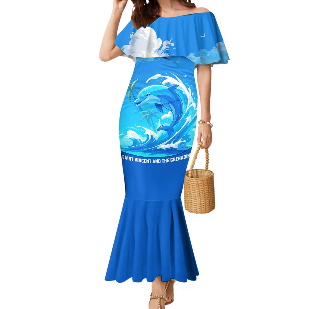 Saint Vincent and the Grenadines Dolphin Mermaid Dress with Ocean Wave and Tropical Island Design - Wonder Print Shop