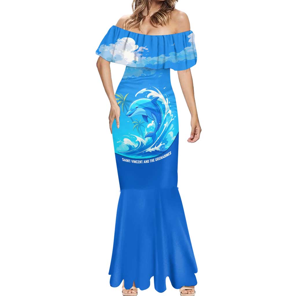 Saint Vincent and the Grenadines Dolphin Mermaid Dress with Ocean Wave and Tropical Island Design - Wonder Print Shop