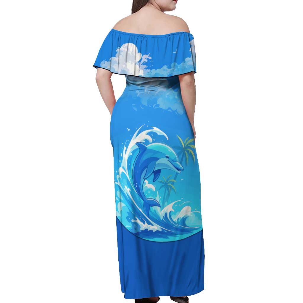 Saint Vincent and the Grenadines Dolphin Off Shoulder Maxi Dress with Ocean Wave and Tropical Island Design - Wonder Print Shop