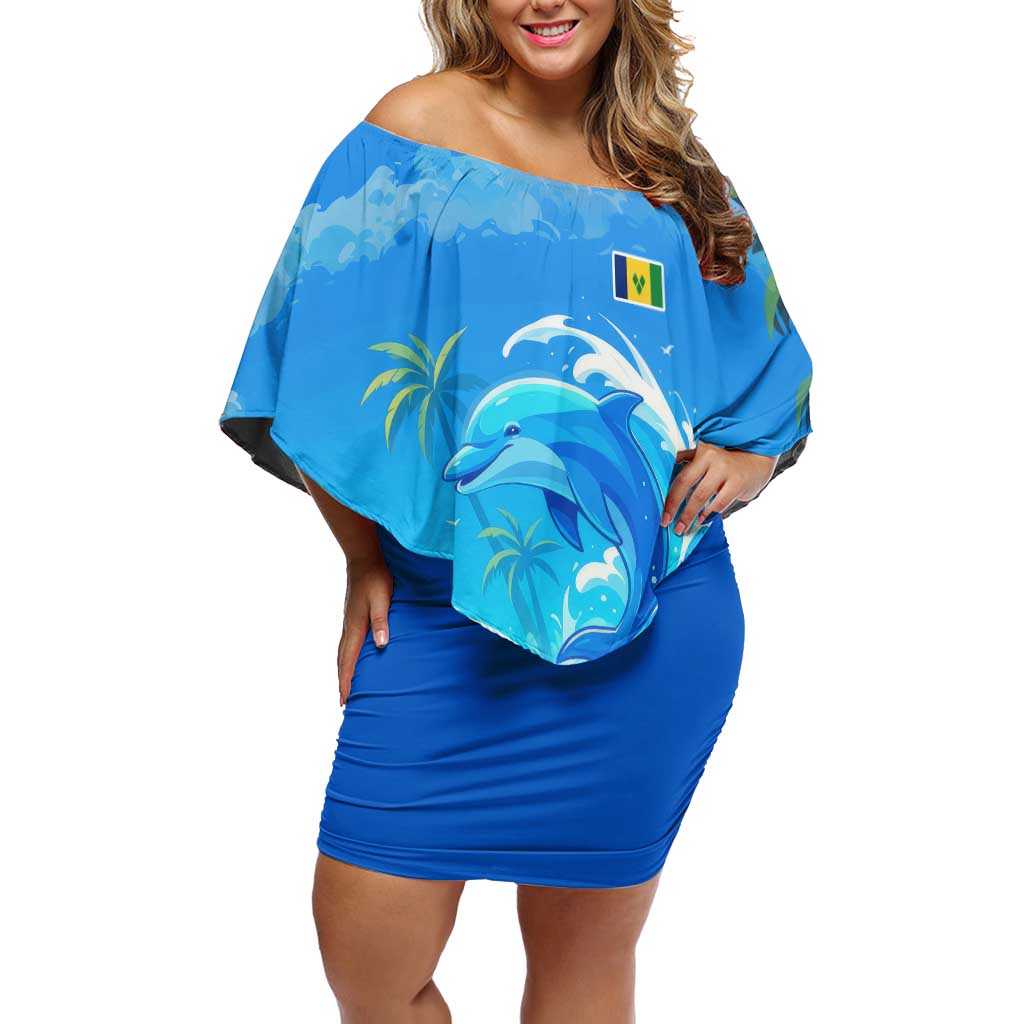 Saint Vincent and the Grenadines Dolphin Off Shoulder Short Dress with Ocean Wave and Tropical Island Design - Wonder Print Shop