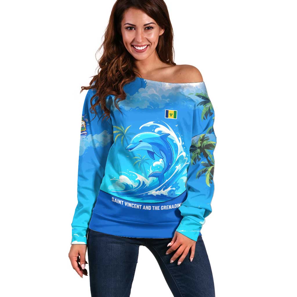 Saint Vincent and the Grenadines Dolphin Off Shoulder Sweater with Ocean Wave and Tropical Island Design - Wonder Print Shop