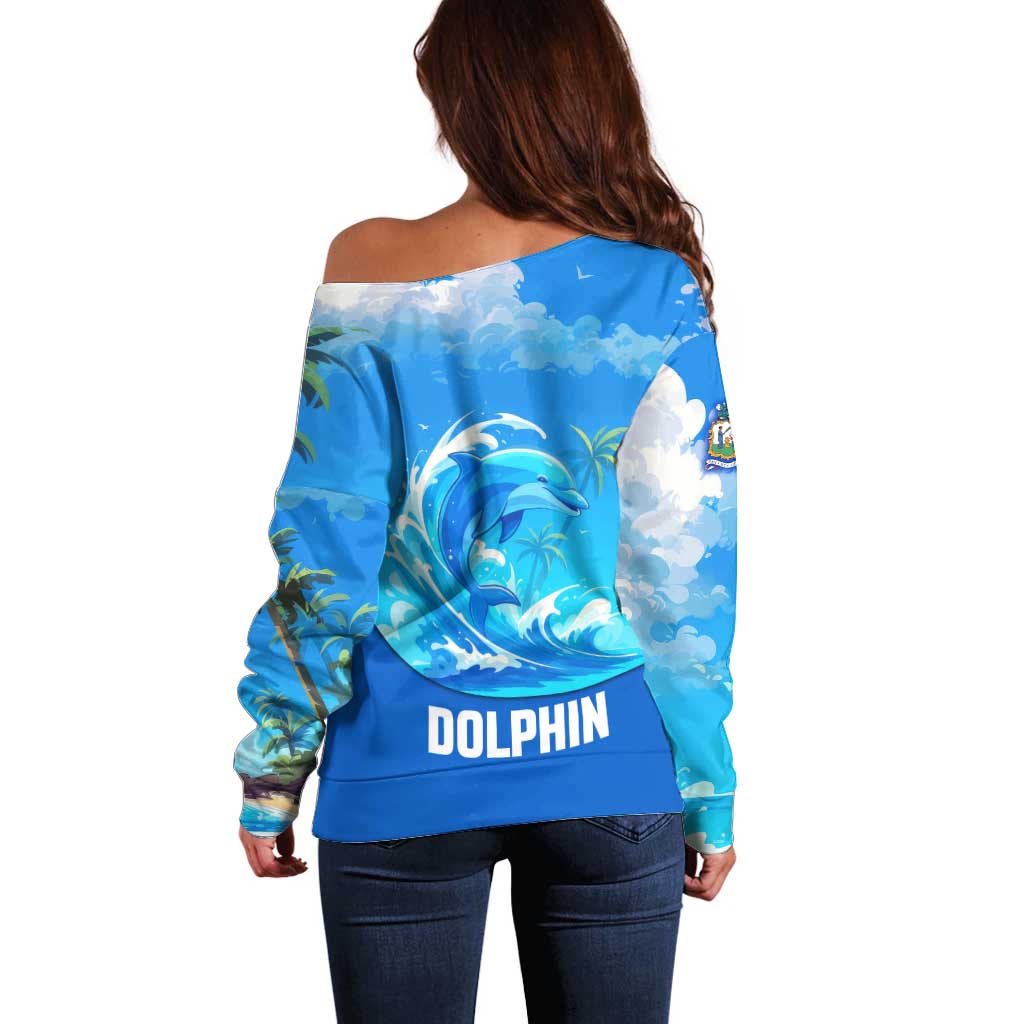 Saint Vincent and the Grenadines Dolphin Off Shoulder Sweater with Ocean Wave and Tropical Island Design - Wonder Print Shop