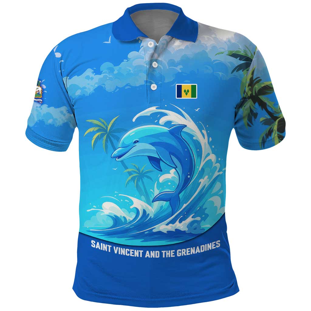 Saint Vincent and the Grenadines Dolphin Polo Shirt with Ocean Wave and Tropical Island Design - Wonder Print Shop