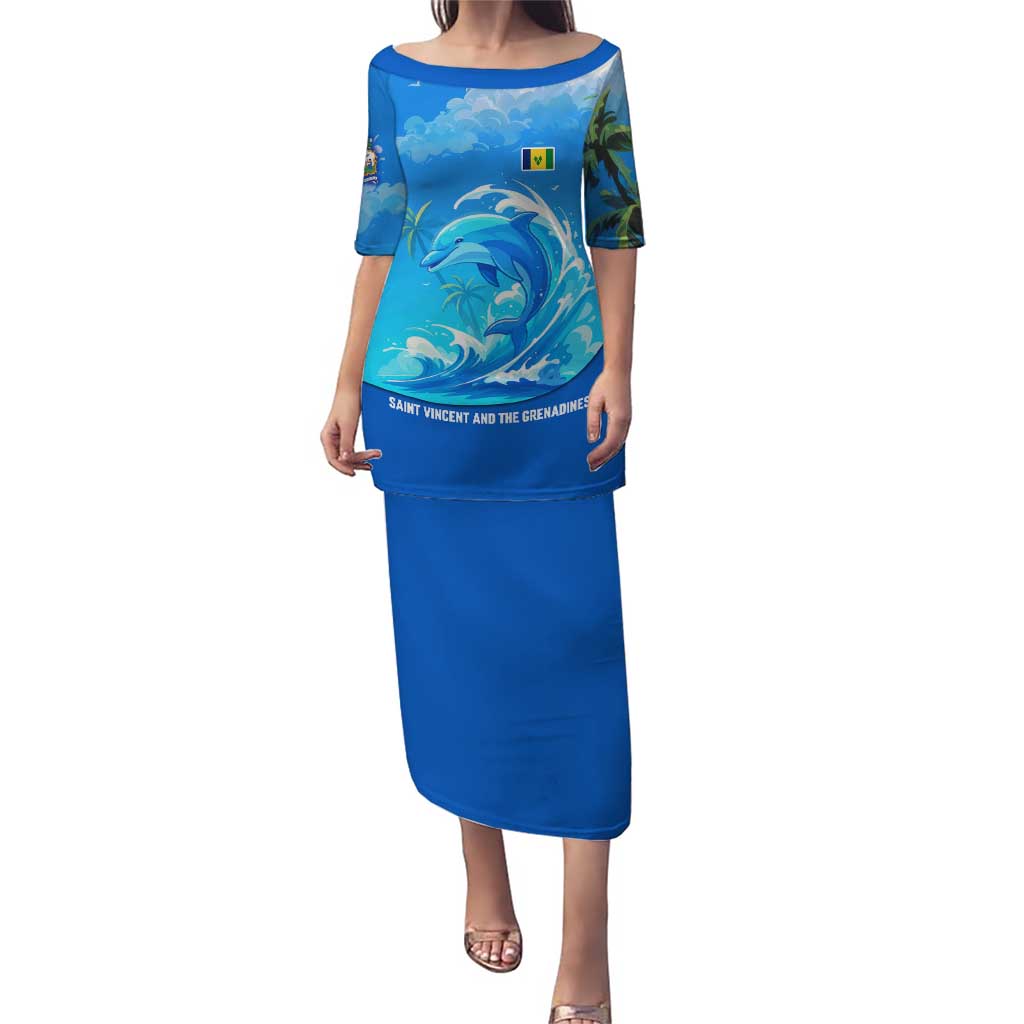 Saint Vincent and the Grenadines Dolphin Puletasi with Ocean Wave and Tropical Island Design - Wonder Print Shop