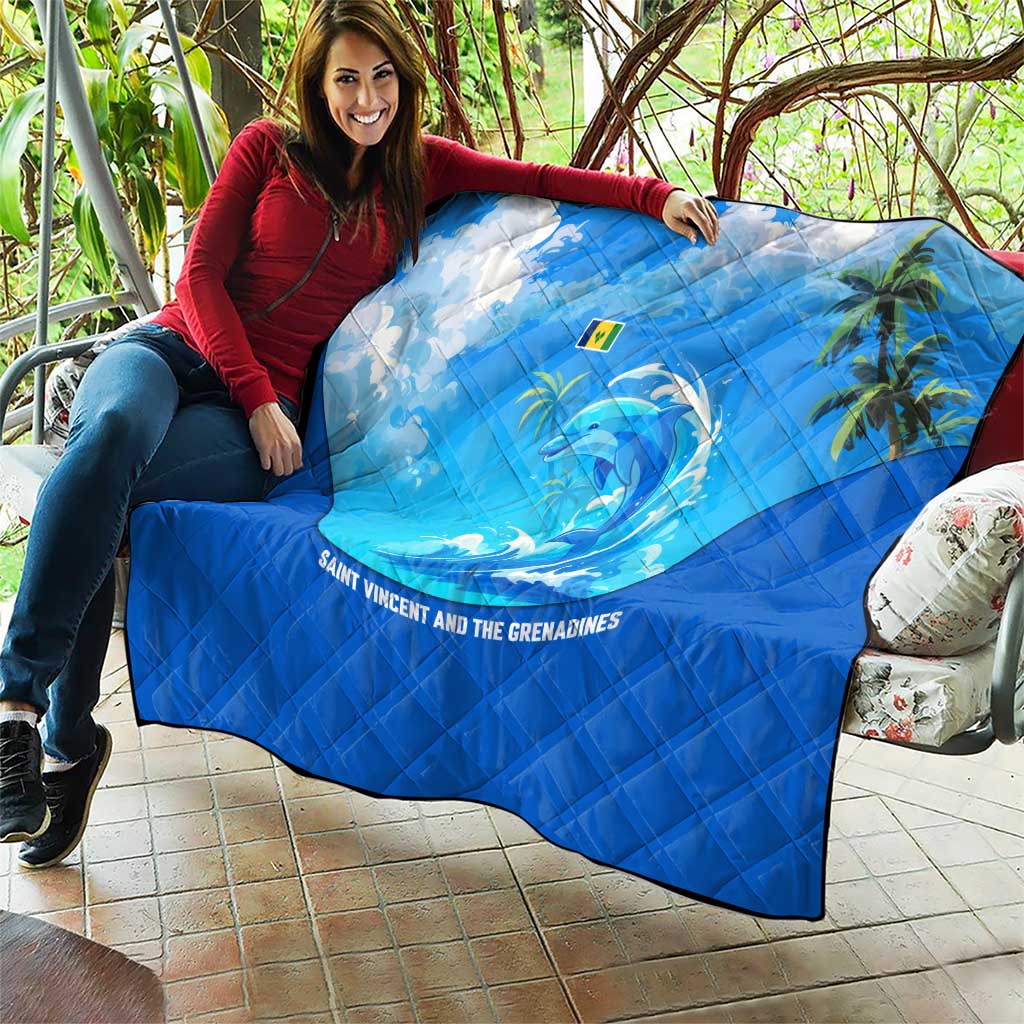 Saint Vincent and the Grenadines Dolphin Quilt with Ocean Wave and Tropical Island Design - Wonder Print Shop