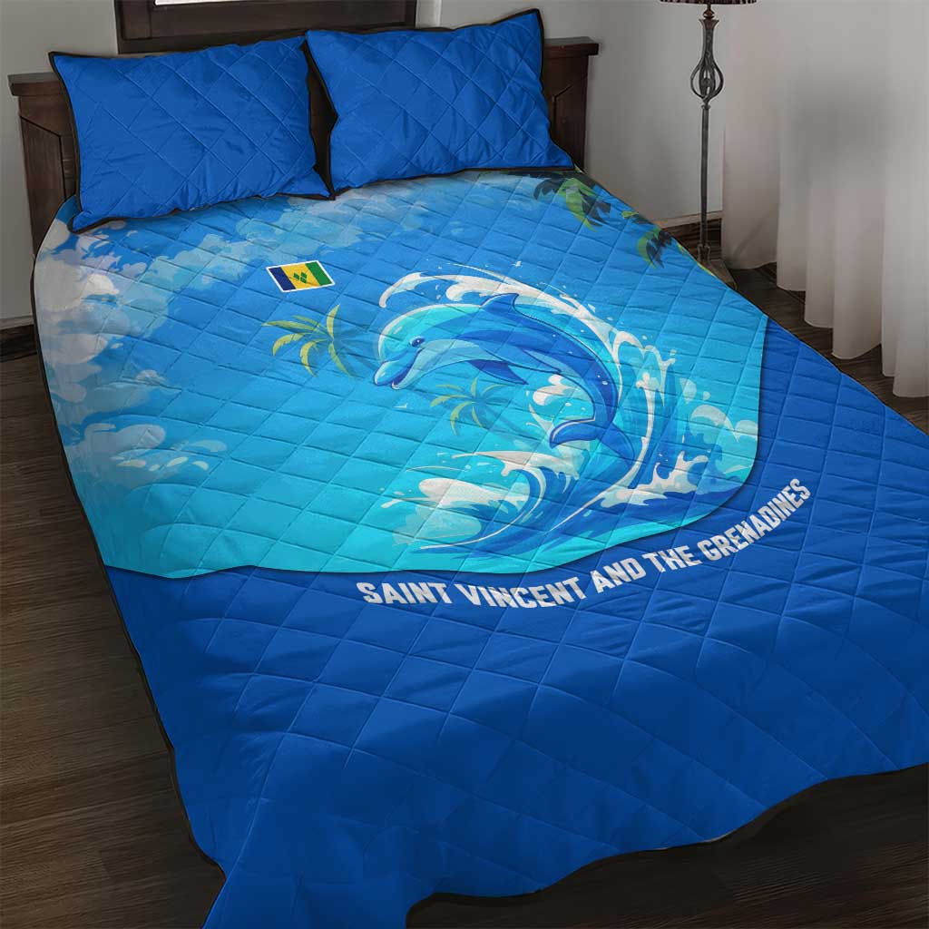 Saint Vincent and the Grenadines Dolphin Quilt Bed Set with Ocean Wave and Tropical Island Design - Wonder Print Shop