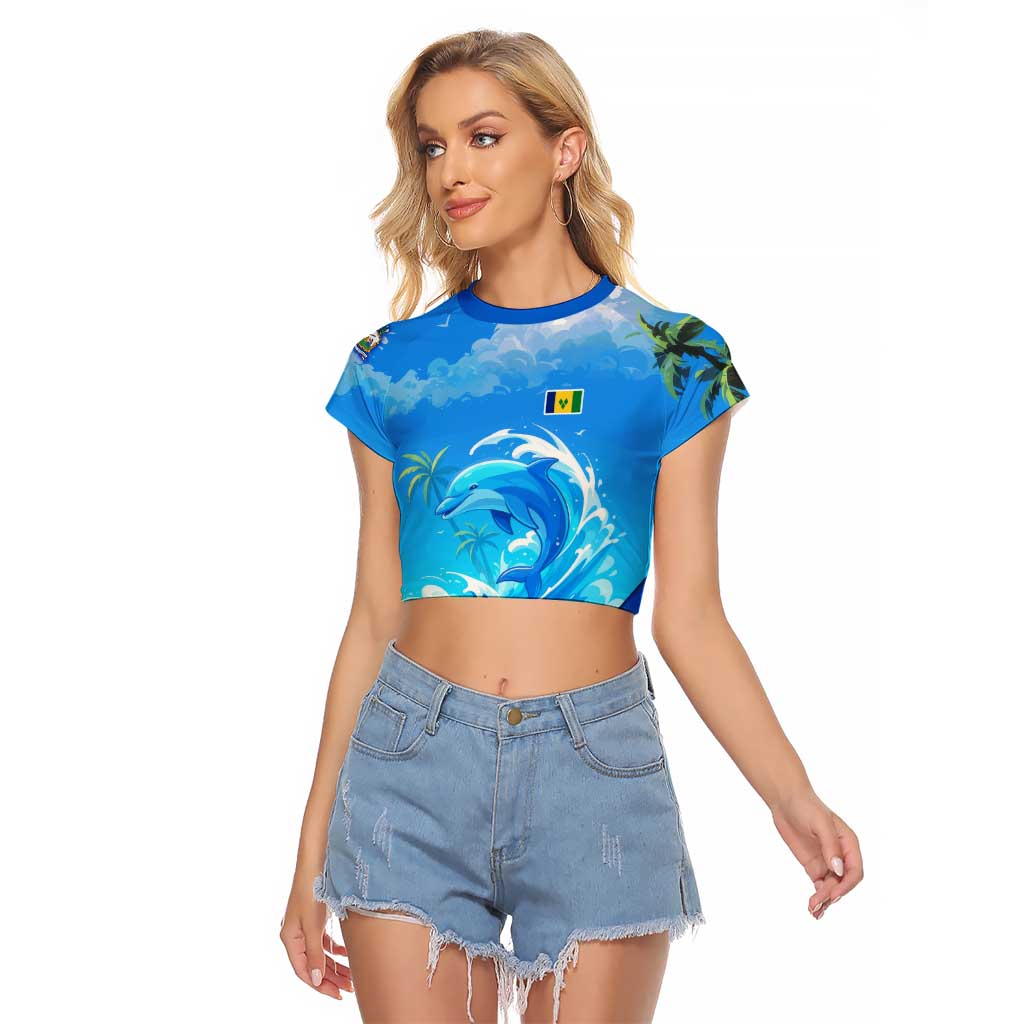 Saint Vincent and the Grenadines Dolphin Raglan Cropped T Shirt with Ocean Wave and Tropical Island Design - Wonder Print Shop