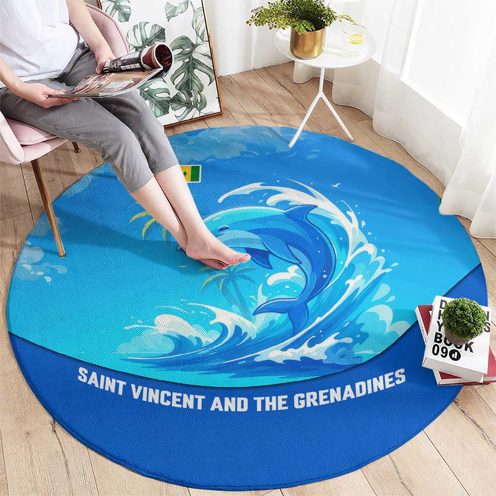 Saint Vincent and the Grenadines Dolphin Round Carpet with Ocean Wave and Tropical Island Design - Wonder Print Shop