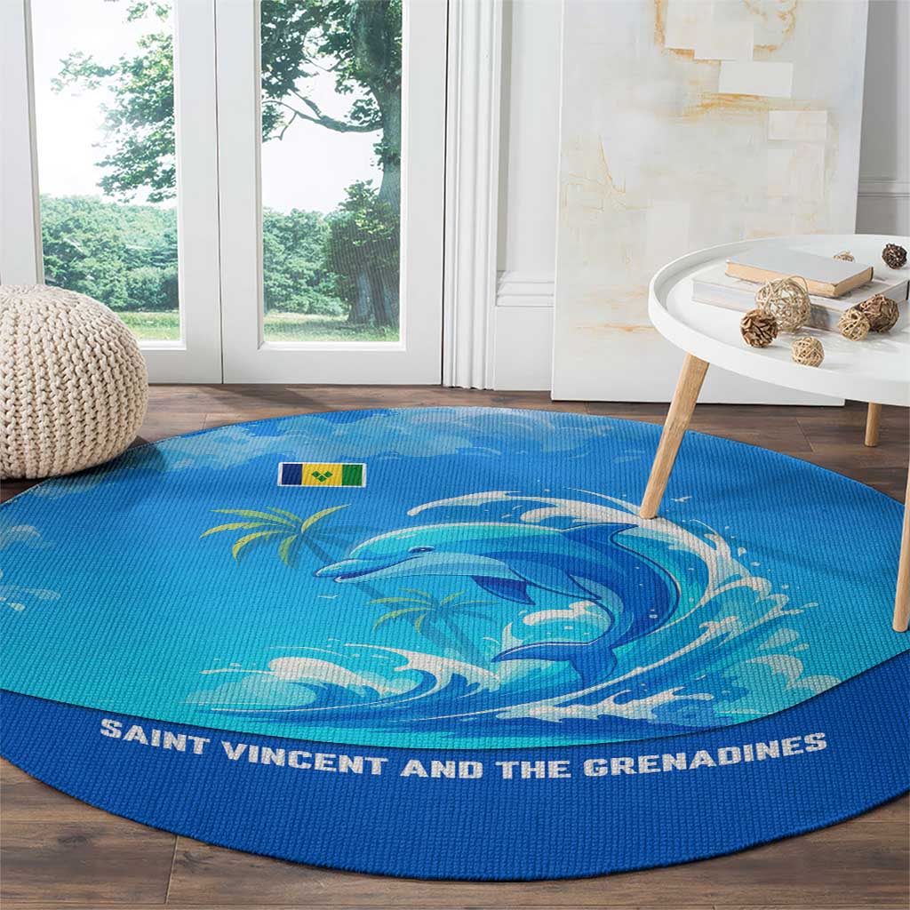 Saint Vincent and the Grenadines Dolphin Round Carpet with Ocean Wave and Tropical Island Design - Wonder Print Shop