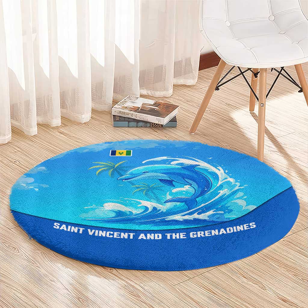Saint Vincent and the Grenadines Dolphin Round Carpet with Ocean Wave and Tropical Island Design - Wonder Print Shop