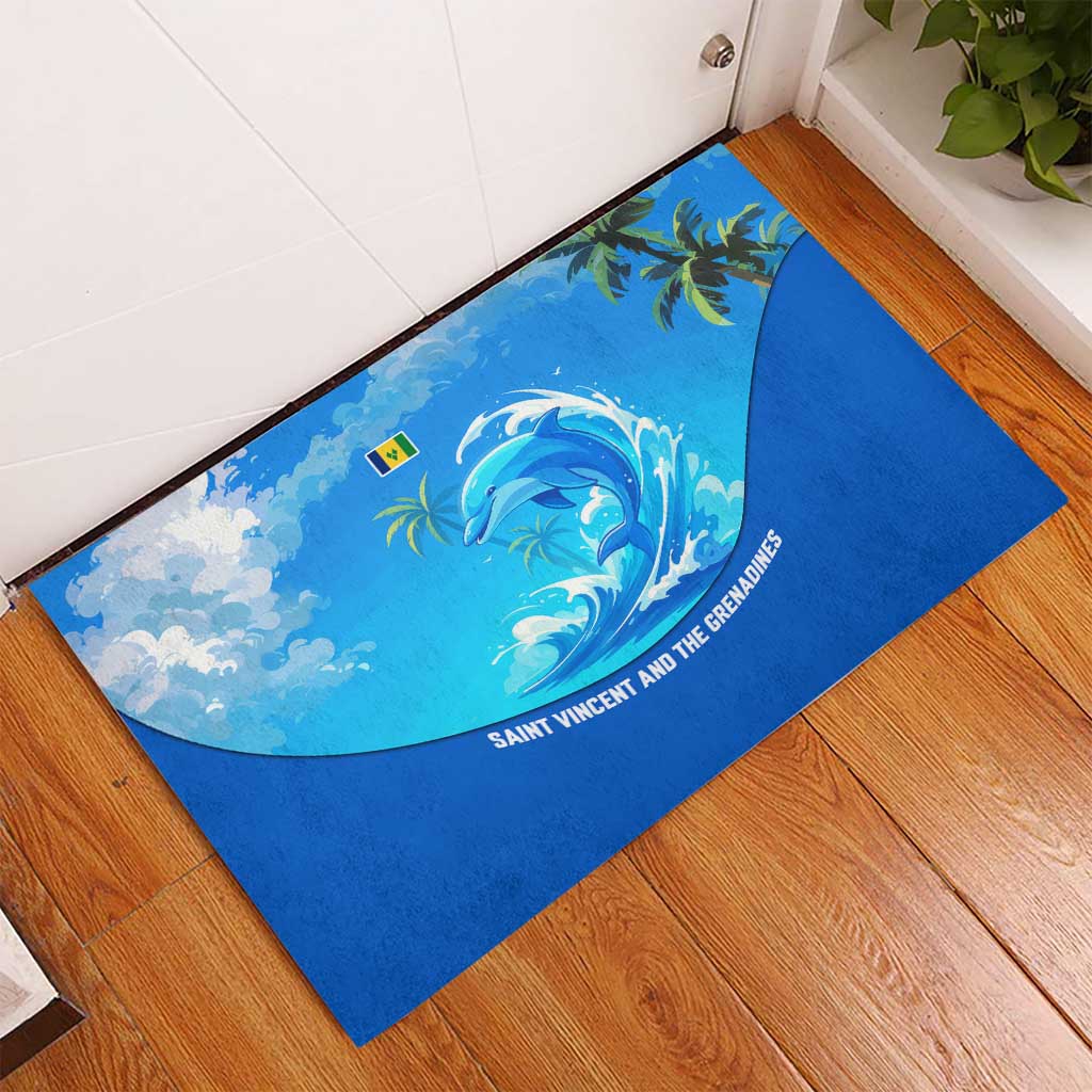 Saint Vincent and the Grenadines Dolphin Rubber Doormat with Ocean Wave and Tropical Island Design - Wonder Print Shop