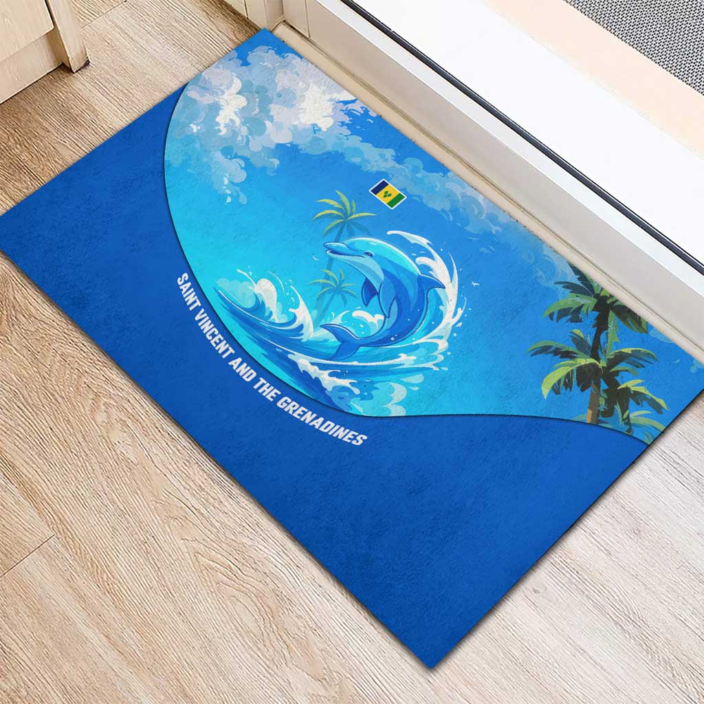 Saint Vincent and the Grenadines Dolphin Rubber Doormat with Ocean Wave and Tropical Island Design - Wonder Print Shop