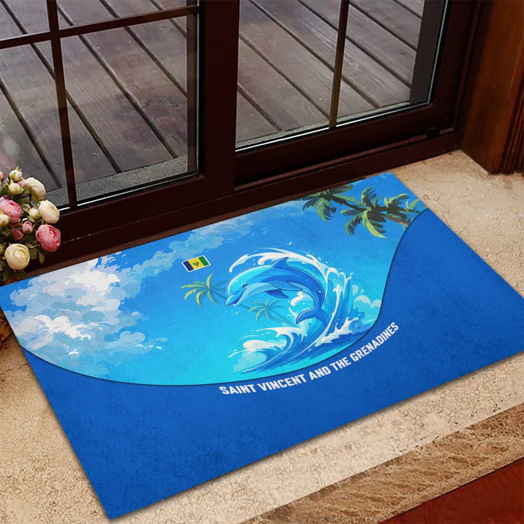 Saint Vincent and the Grenadines Dolphin Rubber Doormat with Ocean Wave and Tropical Island Design - Wonder Print Shop