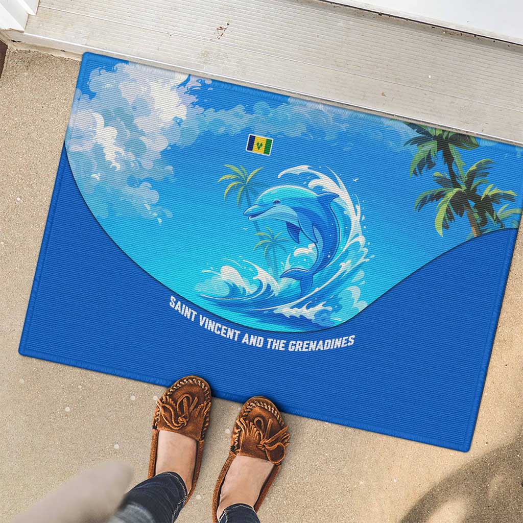 Saint Vincent and the Grenadines Dolphin Rubber Doormat with Ocean Wave and Tropical Island Design - Wonder Print Shop