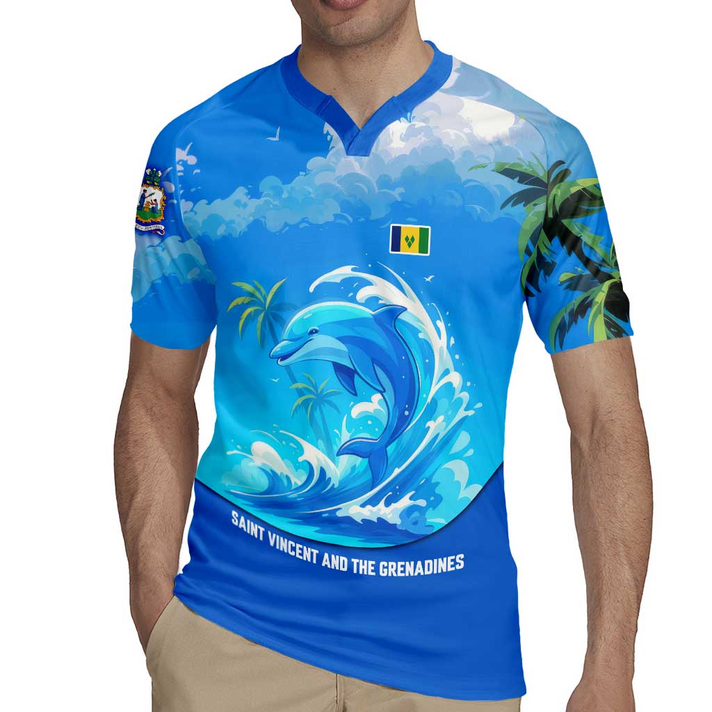 Saint Vincent and the Grenadines Dolphin Rugby Jersey with Ocean Wave and Tropical Island Design - Wonder Print Shop