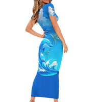 Saint Vincent and the Grenadines Dolphin Short Sleeve Bodycon Dress with Ocean Wave and Tropical Island Design - Wonder Print Shop