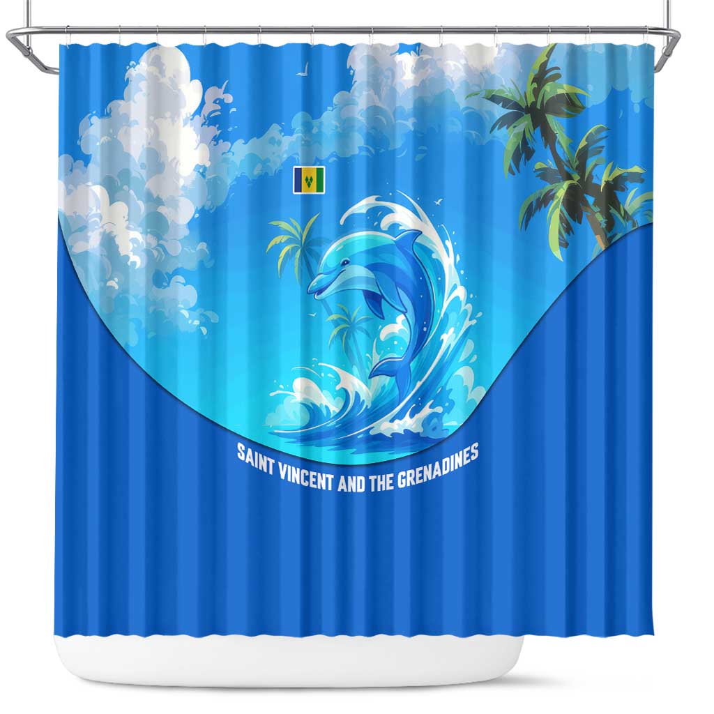 Saint Vincent and the Grenadines Dolphin Shower Curtain with Ocean Wave and Tropical Island Design - Wonder Print Shop