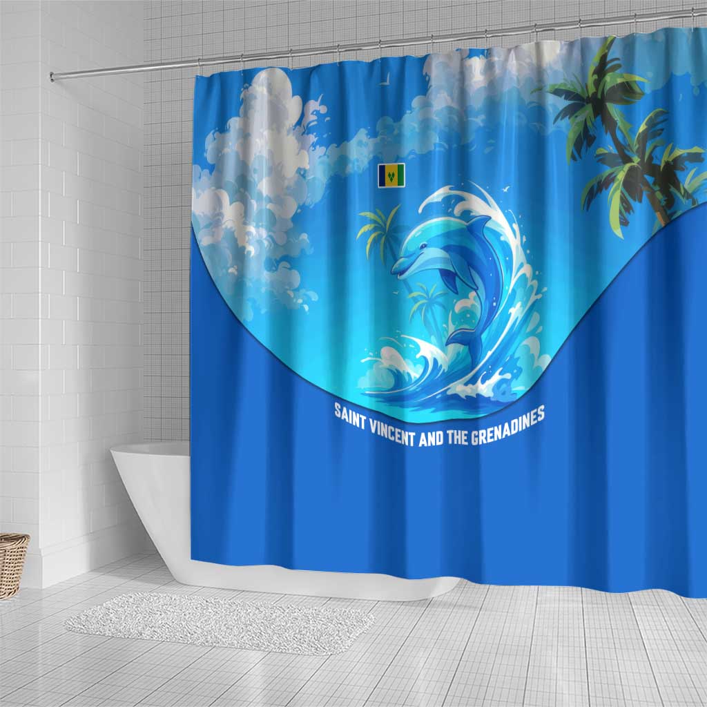 Saint Vincent and the Grenadines Dolphin Shower Curtain with Ocean Wave and Tropical Island Design - Wonder Print Shop