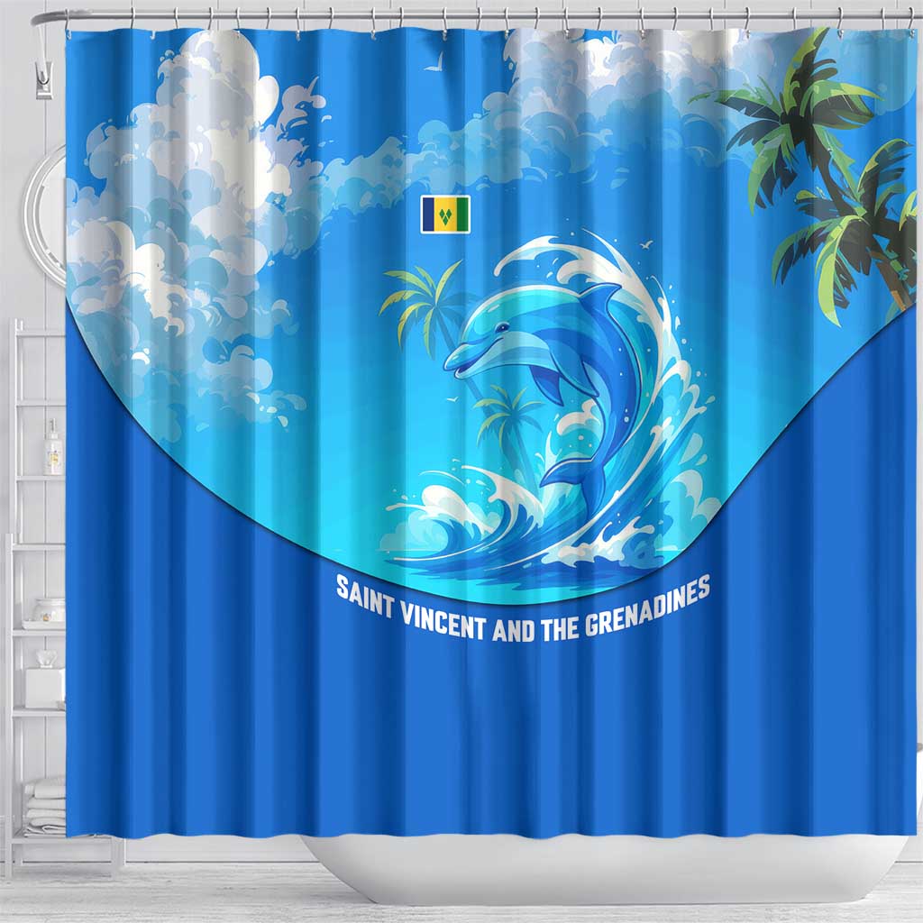 Saint Vincent and the Grenadines Dolphin Shower Curtain with Ocean Wave and Tropical Island Design - Wonder Print Shop
