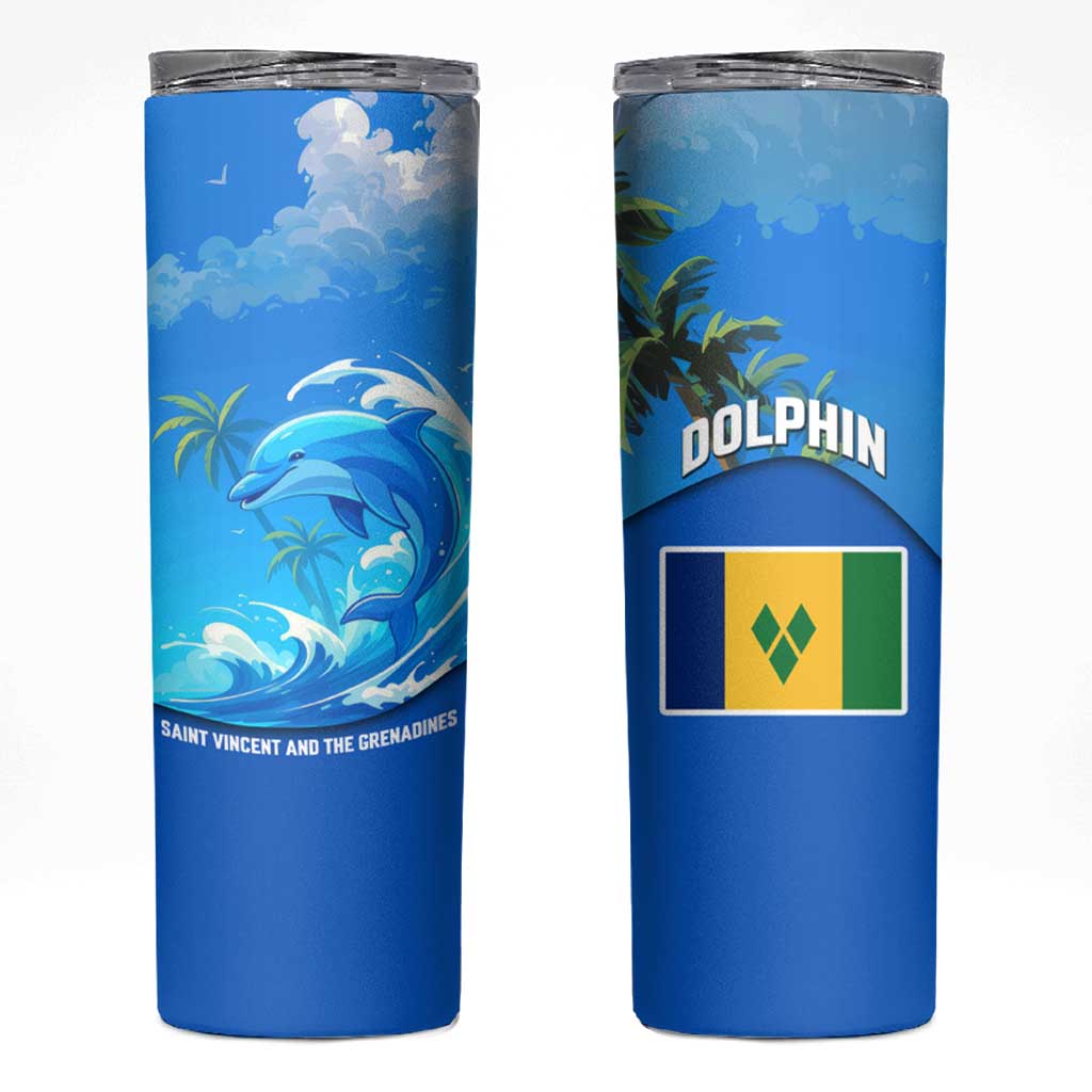 Saint Vincent and the Grenadines Dolphin Skinny Tumbler with Ocean Wave and Tropical Island Design - Wonder Print Shop
