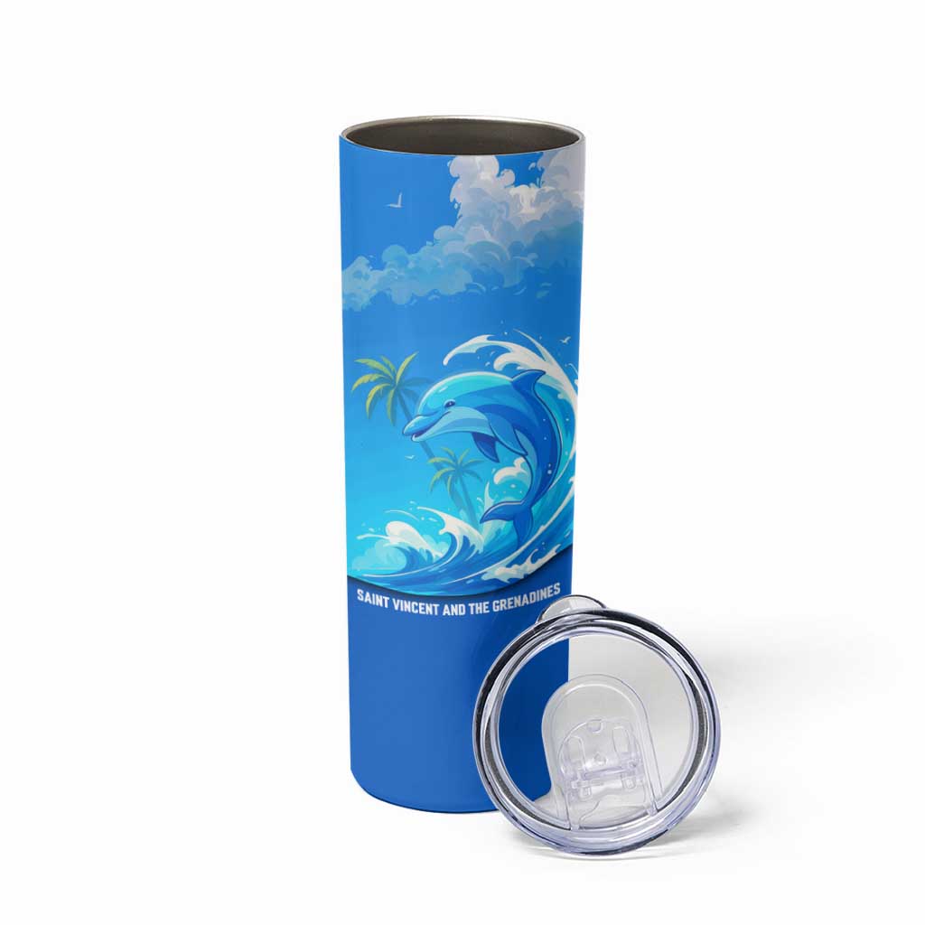 Saint Vincent and the Grenadines Dolphin Skinny Tumbler with Ocean Wave and Tropical Island Design - Wonder Print Shop