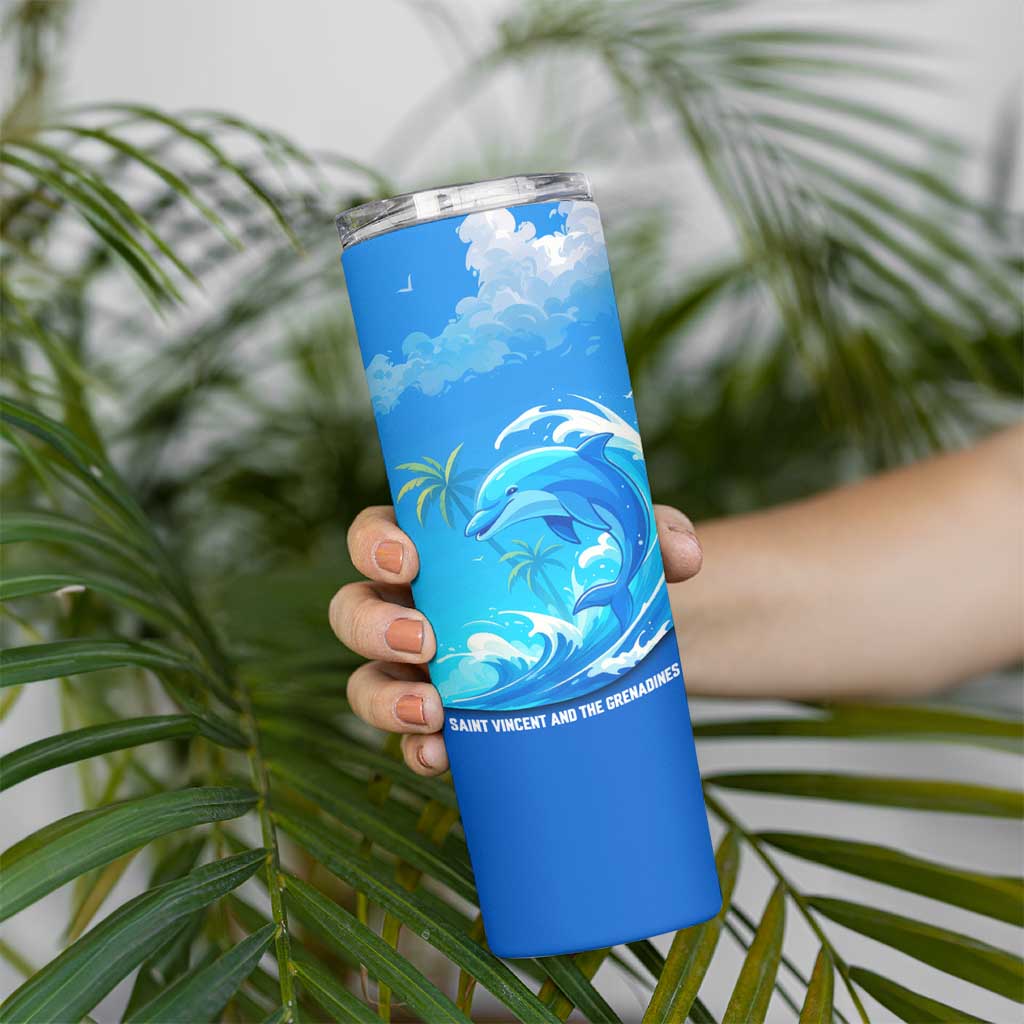 Saint Vincent and the Grenadines Dolphin Skinny Tumbler with Ocean Wave and Tropical Island Design - Wonder Print Shop