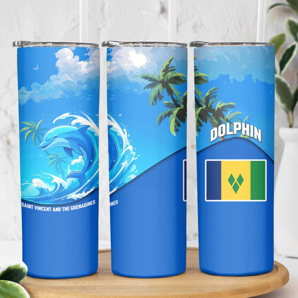 Saint Vincent and the Grenadines Dolphin Skinny Tumbler with Ocean Wave and Tropical Island Design - Wonder Print Shop