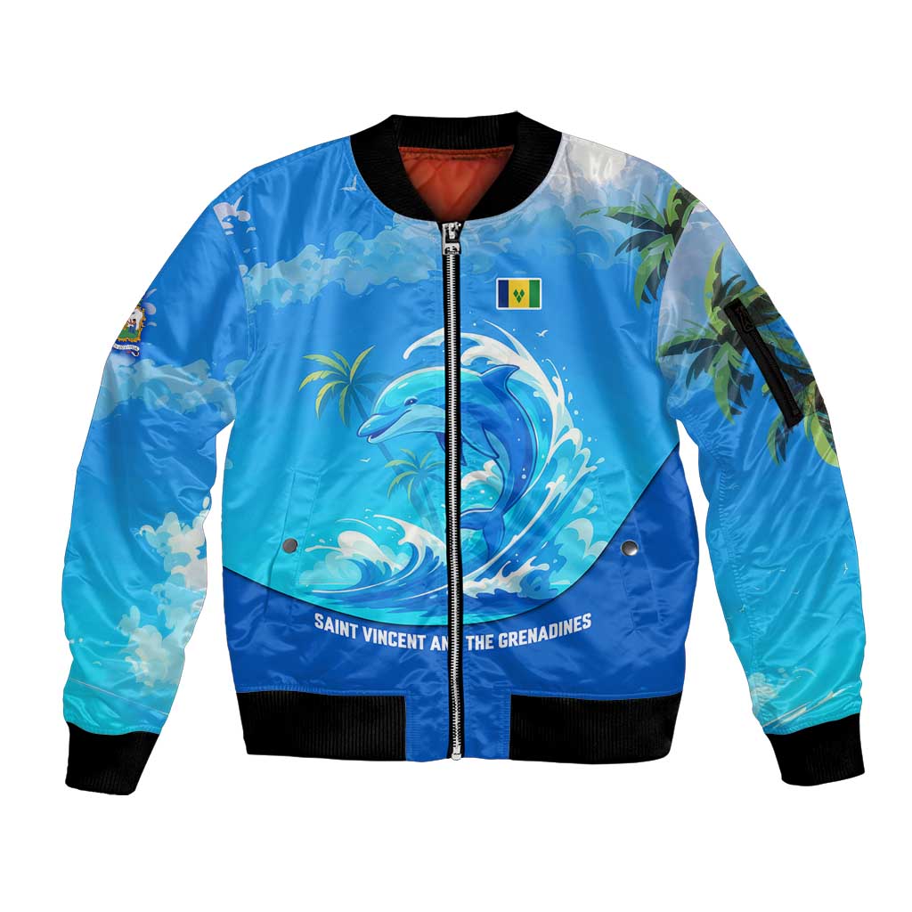 Saint Vincent and the Grenadines Dolphin Sleeve Zip Bomber Jacket with Ocean Wave and Tropical Island Design - Wonder Print Shop