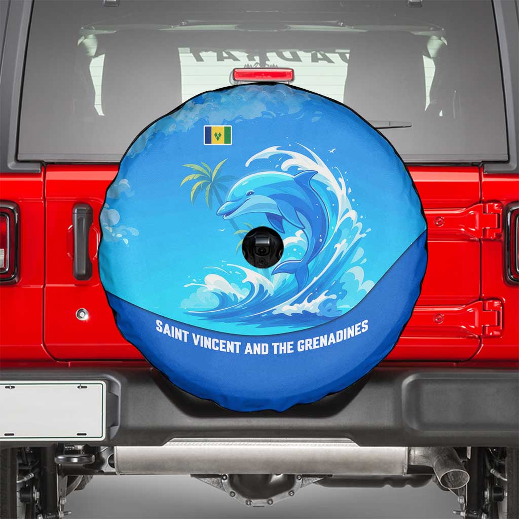 Saint Vincent and the Grenadines Dolphin Spare Tire Cover with Ocean Wave and Tropical Island Design - Wonder Print Shop