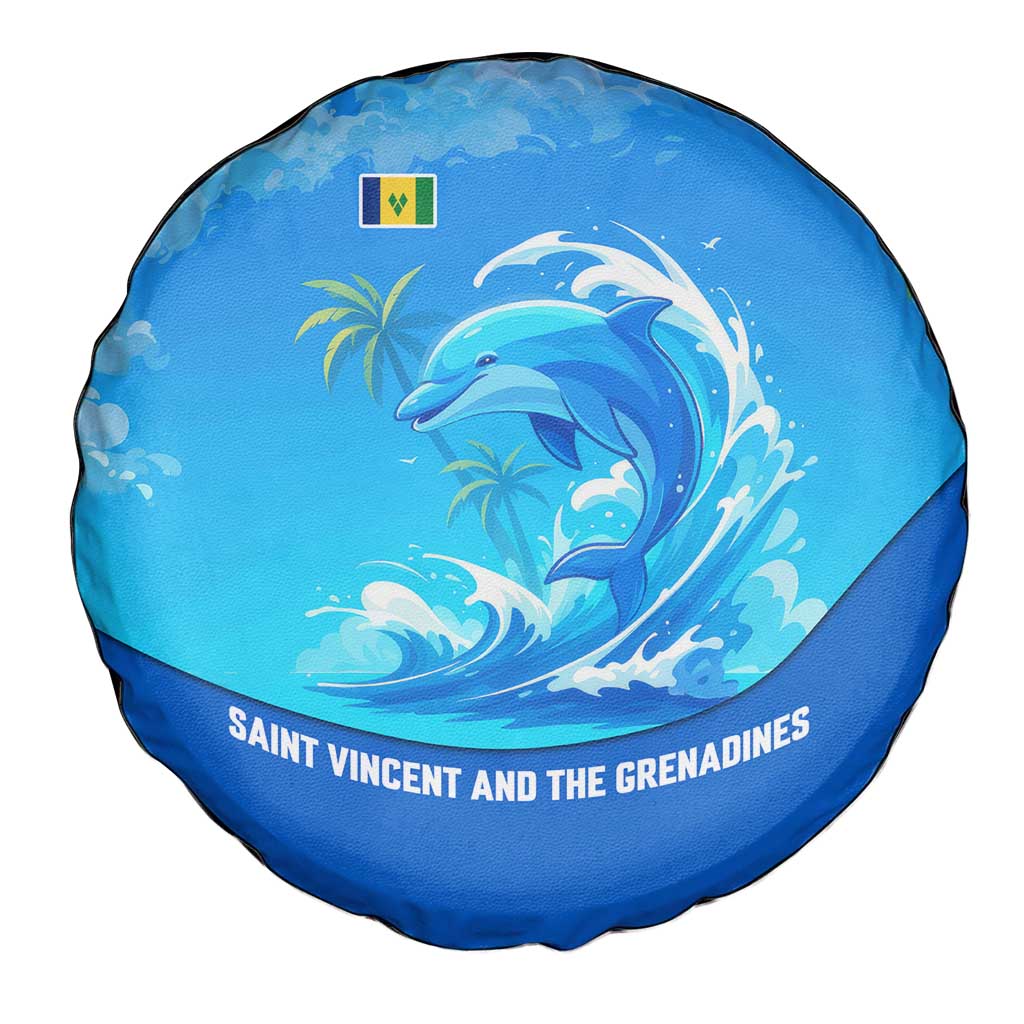 Saint Vincent and the Grenadines Dolphin Spare Tire Cover with Ocean Wave and Tropical Island Design - Wonder Print Shop