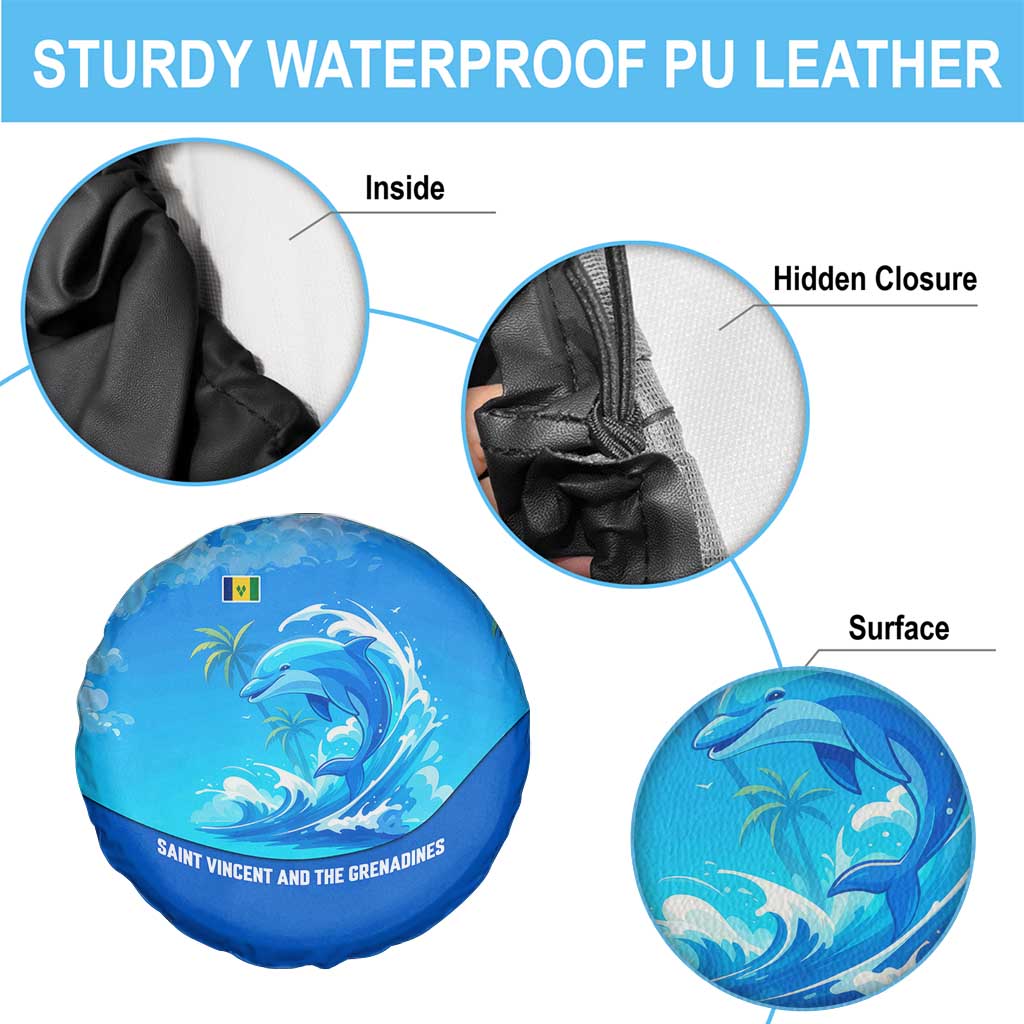 Saint Vincent and the Grenadines Dolphin Spare Tire Cover with Ocean Wave and Tropical Island Design - Wonder Print Shop