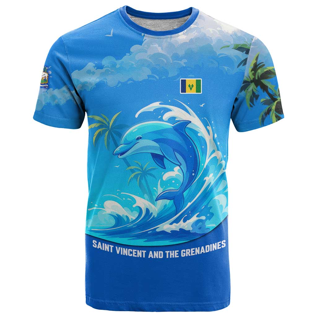 Saint Vincent and the Grenadines Dolphin T Shirt with Ocean Wave and Tropical Island Design - Wonder Print Shop