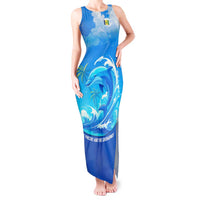 Saint Vincent and the Grenadines Dolphin Tank Maxi Dress with Ocean Wave and Tropical Island Design - Wonder Print Shop