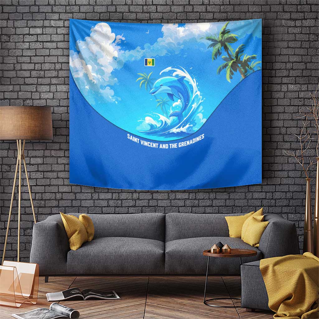 Saint Vincent and the Grenadines Dolphin Tapestry with Ocean Wave and Tropical Island Design - Wonder Print Shop