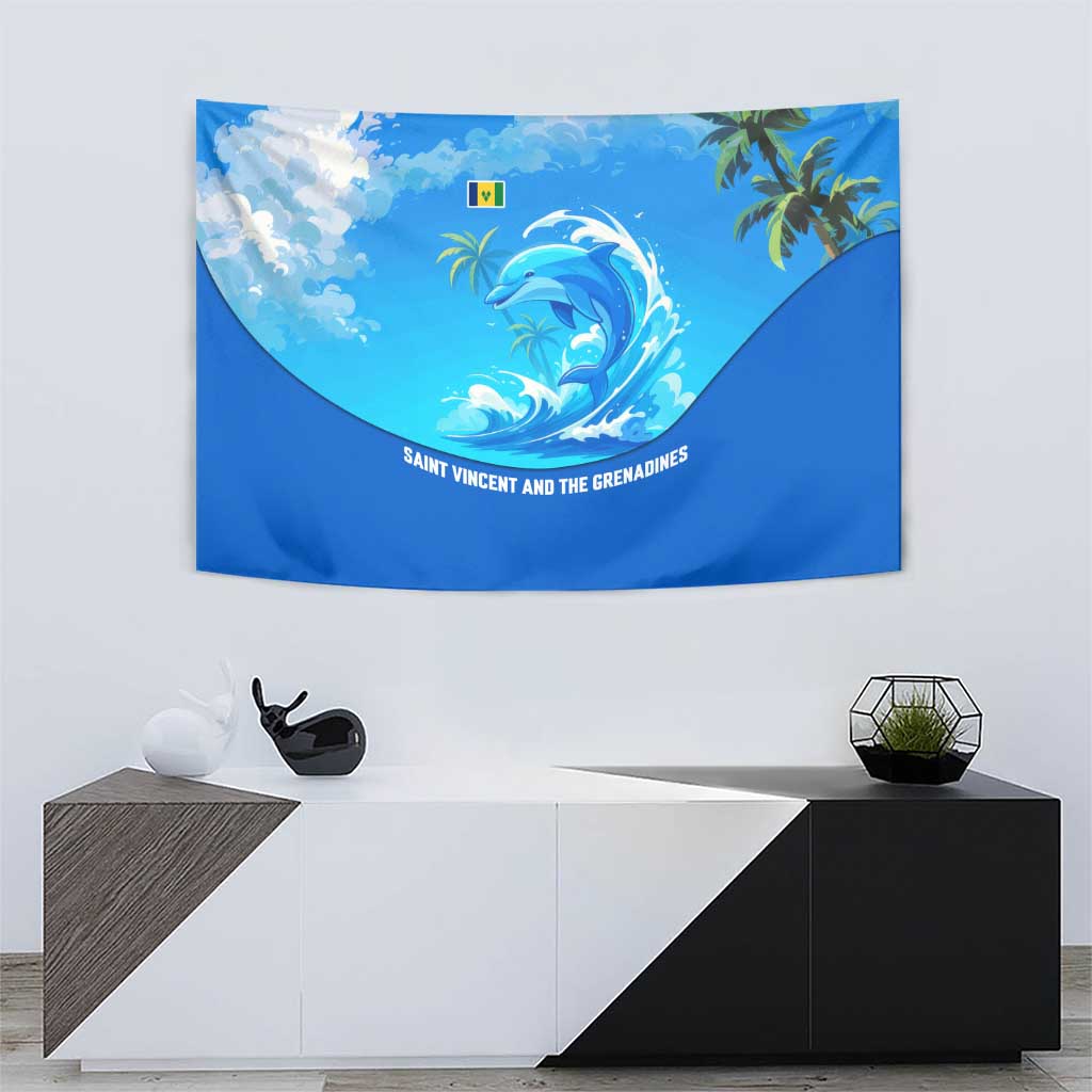 Saint Vincent and the Grenadines Dolphin Tapestry with Ocean Wave and Tropical Island Design - Wonder Print Shop
