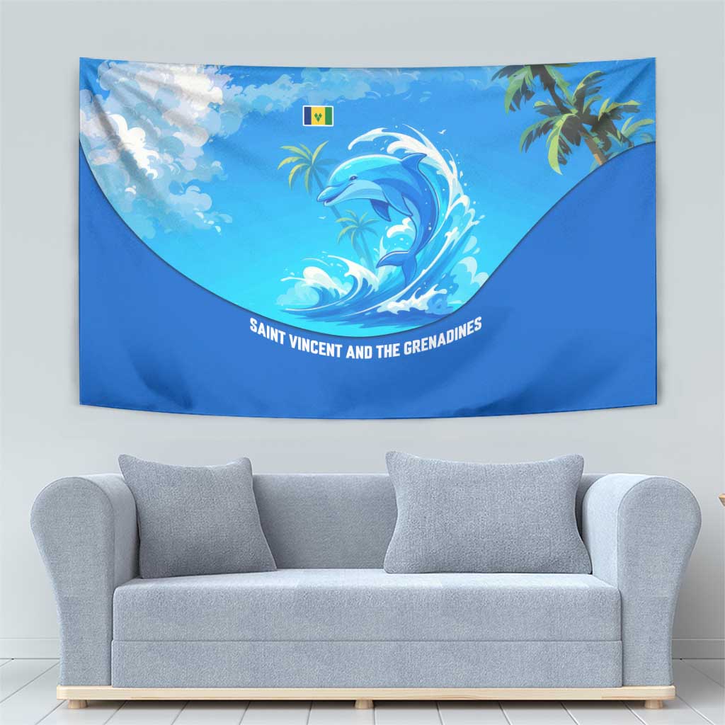 Saint Vincent and the Grenadines Dolphin Tapestry with Ocean Wave and Tropical Island Design - Wonder Print Shop