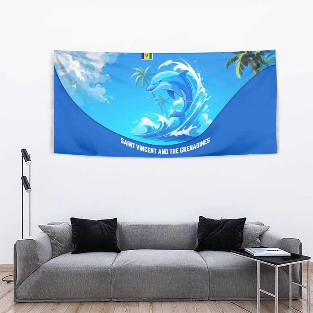 Saint Vincent and the Grenadines Dolphin Tapestry with Ocean Wave and Tropical Island Design - Wonder Print Shop