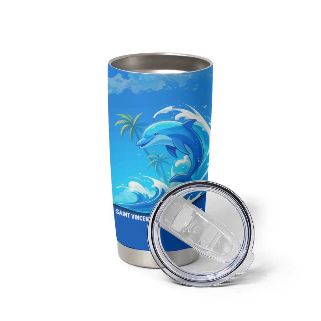 Saint Vincent and the Grenadines Dolphin Tumbler Cup with Ocean Wave and Tropical Island Design - Wonder Print Shop