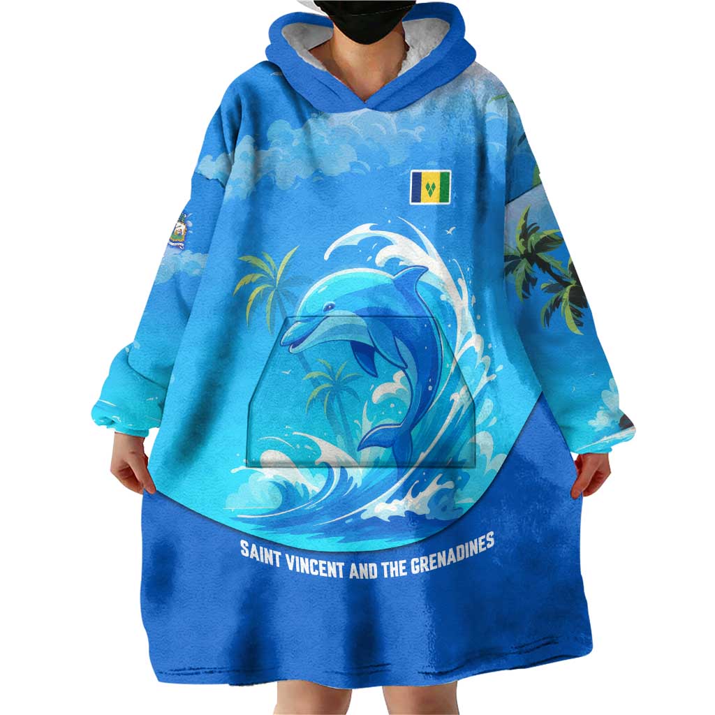 Saint Vincent and the Grenadines Dolphin Wearable Blanket Hoodie with Ocean Wave and Tropical Island Design - Wonder Print Shop