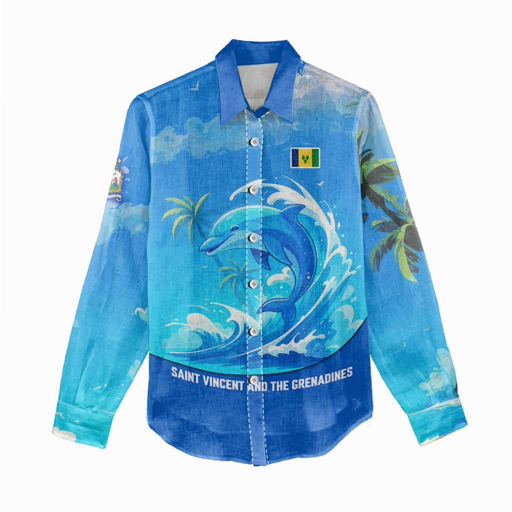 Saint Vincent and the Grenadines Dolphin Women Casual Shirt with Ocean Wave and Tropical Island Design - Wonder Print Shop