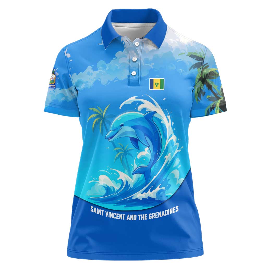 Saint Vincent and the Grenadines Dolphin Women Polo Shirt with Ocean Wave and Tropical Island Design - Wonder Print Shop