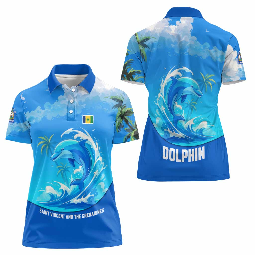 Saint Vincent and the Grenadines Dolphin Women Polo Shirt with Ocean Wave and Tropical Island Design - Wonder Print Shop