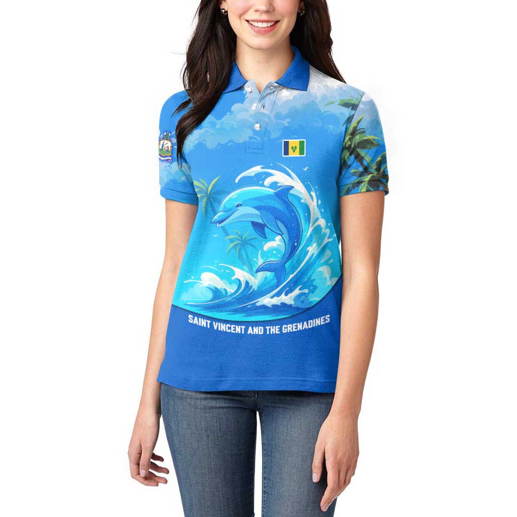 Saint Vincent and the Grenadines Dolphin Women Polo Shirt with Ocean Wave and Tropical Island Design - Wonder Print Shop