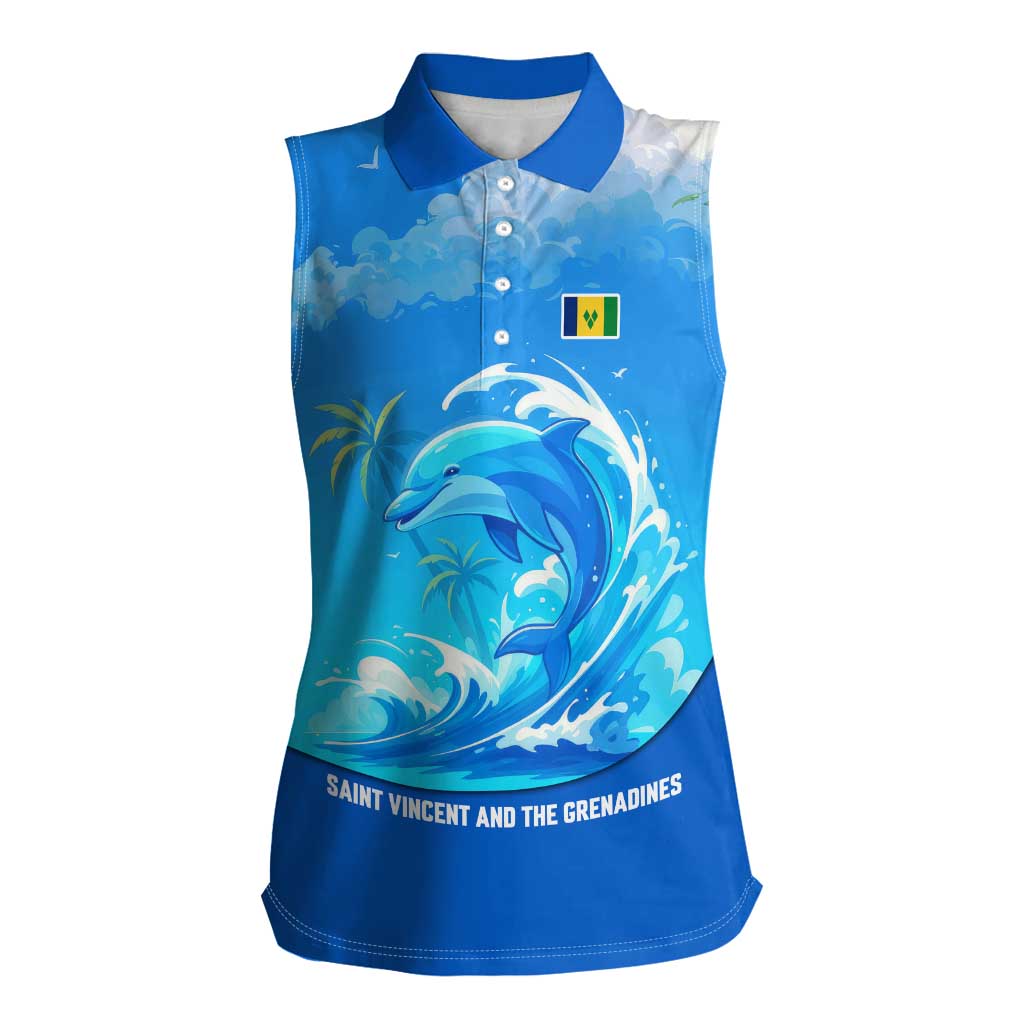 Saint Vincent and the Grenadines Dolphin Women Sleeveless Polo Shirt with Ocean Wave and Tropical Island Design - Wonder Print Shop