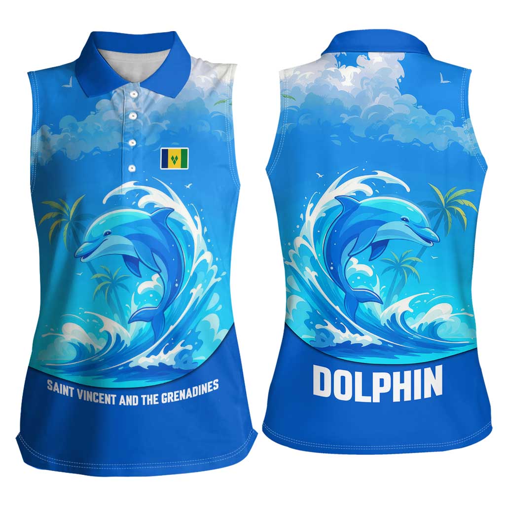 Saint Vincent and the Grenadines Dolphin Women Sleeveless Polo Shirt with Ocean Wave and Tropical Island Design - Wonder Print Shop