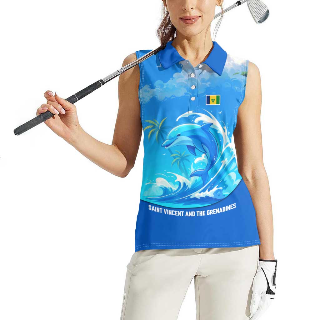 Saint Vincent and the Grenadines Dolphin Women Sleeveless Polo Shirt with Ocean Wave and Tropical Island Design - Wonder Print Shop