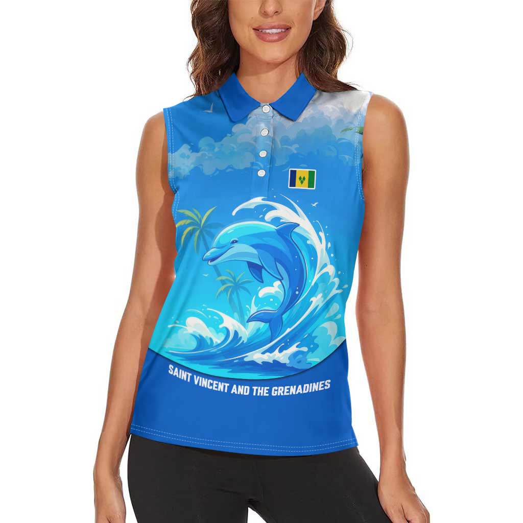 Saint Vincent and the Grenadines Dolphin Women Sleeveless Polo Shirt with Ocean Wave and Tropical Island Design - Wonder Print Shop