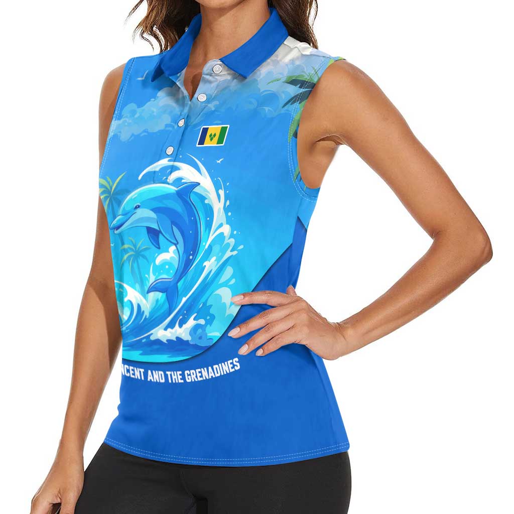Saint Vincent and the Grenadines Dolphin Women Sleeveless Polo Shirt with Ocean Wave and Tropical Island Design - Wonder Print Shop