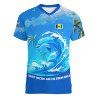 Saint Vincent and the Grenadines Dolphin Women V-Neck T-Shirt with Ocean Wave and Tropical Island Design - Wonder Print Shop
