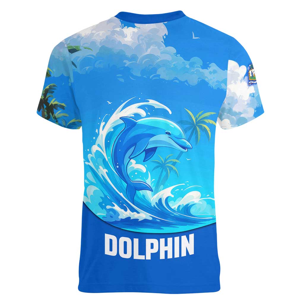 Saint Vincent and the Grenadines Dolphin Women V-Neck T-Shirt with Ocean Wave and Tropical Island Design - Wonder Print Shop